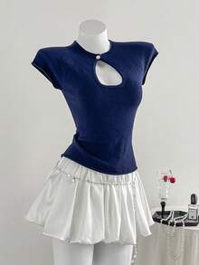 Elamini Atasan Rajut Pendek Musim Panas, Atasan Rajut Lengan Pendek dengan Kerah Cheongsam - Navy Blue - View 6