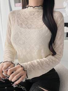 FRIFUL Kaos Wanita Lengan Panjang dengan Kerah Ruffle yang Elegan - Aprikot - View 5