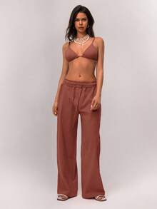 SHEIN Forever 21 Spring New Low-Waist Pleated Waistband Design Casual Pants For Women - Rust Brown - View 3