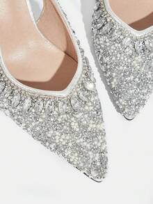 CUCCOO TILAWA Women's Pointed Toe Rhinestone Embellished High Heel Silver Sandals For Vibe And Spring Shoes Spring Break Easter Prom Heels For Christmas - Silver - View 8