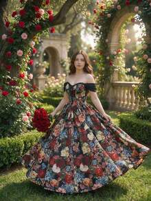 SHEIN MOD 大码复古碎花露肩连衣裙，优雅浪漫度假装，春夏款 - 彩色 - 查看 1