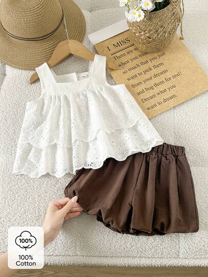 SHEIN Vintaside Kids 两件套女婴时尚休闲刺绣蕾丝无袖上衣和短裤套装，适合春夏季日常穿着