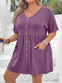 SHEIN CURVE+ 加大码前扣双口袋短袖夏季休闲T恤 - 紫色 - 查看 3