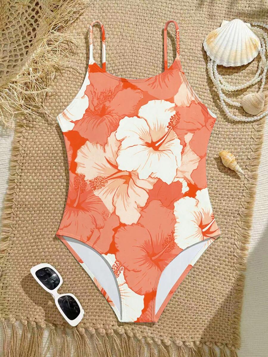 SHEIN Tween Girl Floral Print Spaghetti Strap One-Piece Swimsuit - Red - View 1