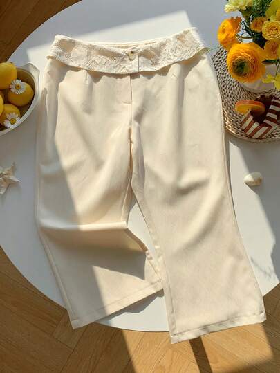 Comfortcana Women's Elegant Contrast Lace Foldover Waist 7/8 Length Flare Pants, Suitable For Work And Commute