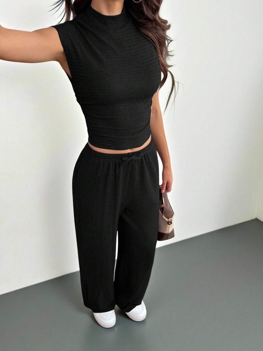 SHEIN Tall 女士夏季纯色立领褶皱上衣裤套装（2件套），休闲女装，运动服，女士夏季服装，女士夏季休闲套装，棕色两件套，女士两件裤装，女士休闲两件套，舒适两件套，棕色裤装，女士棕色裤装两件套