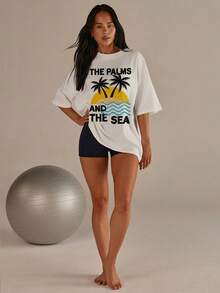 Athîral 女士休闲度假通勤热带棕榈树标语印花宽松白色T恤，夏季 - 白色 - 查看 5