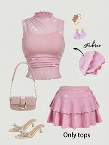 SHEIN MOD Áo kiểu dáng cỡ lớn mùa xuân/hè màu hồng phối chỉ kim loại, cổ cao, thanh lịch và lãng mạn, tối giản, hơi xuyên thấu, đơn giản. - Hồng - Xem 7