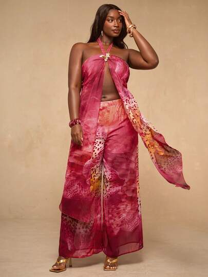 SHEIN BAE Conjunto de 2 piezas de talla grande para mujer con top halter sin espalda y pantalones largos sexy, top extra largo, pantalones con estampado total