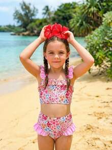 SHEIN 少女碎花荷叶边比基尼套装，沙滩/度假风 - 粉色 - 查看 4