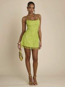 SHEIN BAE Women's Lime Green Beaded Tassel Sleeveless Mini Dress, Summer 70's Party Club Disco Rave Floral Backless Spaghetti Strap Nightclub Beach Outfit Sexy - Green - View 4