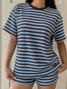 SHEIN EZwear 女士条纹圆领短袖上衣和短裤两件套休闲装 - 藍色 - 查看 6