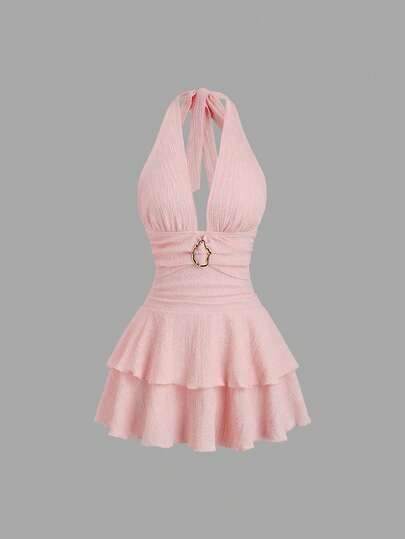 Sweetra Elegant Textured Brown Metal Buckle Decor Halter Neck Ruffle Hem Short Dress, Suitable For New Year Party