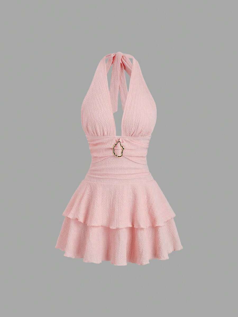 Sweetra Elegant Textured Brown Metal Buckle Decor Halter Neck Ruffle Hem Short Dress, Suitable For New Year Party - Pink - View 1