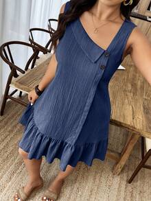 Weeklong 大码女式不对称领纽扣纹理面料荷叶边下摆A字短款无袖连衣裙，春夏休闲度假装 - 藏蓝色 - 查看 6