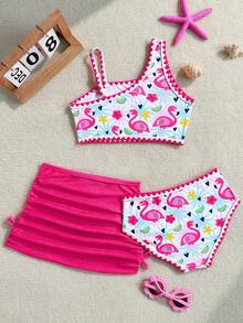 3件套女童热带花卉火烈鸟印花比基尼套装，含沙滩裙，夏季度假 - 粉色 - 查看 2