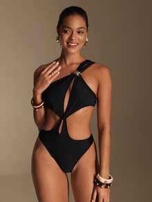 Swim Vcay Traje de baño de una pieza con diseño calado para vacaciones de verano de mujer - Negro - Ver 4