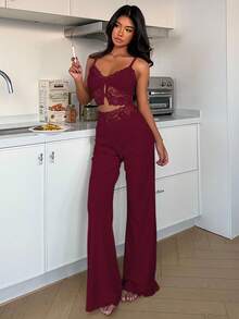 ZzzCrew 两件套女士睡衣套装，休闲蕾丝吊带背心和裤子，蝴蝶结装饰，夏季睡衣套装 - 酒紅色 - 查看 3