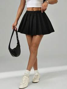 SHEIN PETITE Music Festival Sexy Club Style School Mini Pleated Skirt - Black - View 5