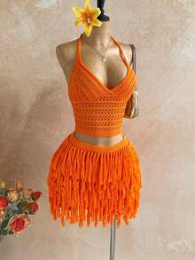 Soleia 女士V领露背系带露脐上衣和流苏迷你裙两件套，适合派对、圣诞节、约会、夜店、波西米亚风、度假、秋季等场合。 - 橘色 - 查看 4