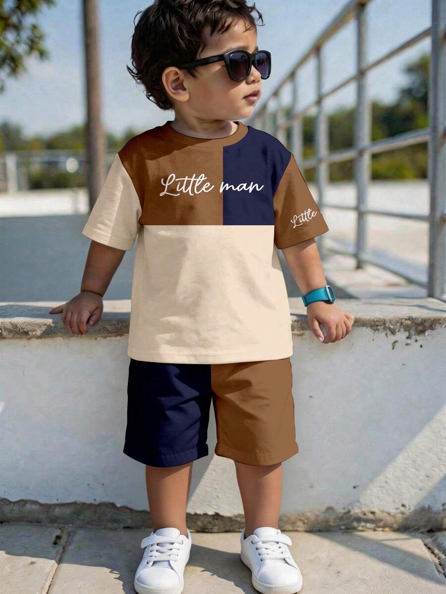 SHEIN Young Boy Casual Simple T-Shirt Set, Classic Color Block Patchwork Cool Graphic Print, Suitable For School, Spring/Summer - Multicolor - View 1