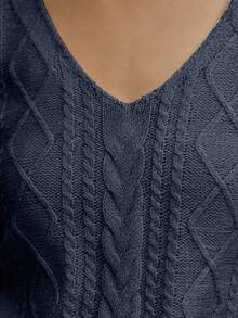 SHEIN Blusa de punto ajustada con cuello en V y manga corta, estilo casual en color albaricoque con detalle de trenza, uso diario minimalista - Azul Marino - Ver 5
