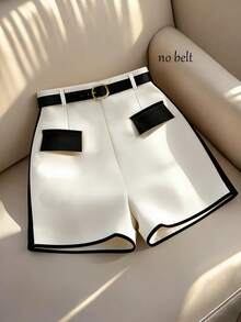 Franclia Quần short nữ thanh lịch, quần short cạp cao, quần short phối đen trắng đa năng, quần short ống rộng màu mơ và đen với thiết kế tương phản, phù hợp với trang phục đi làm thường ngày của nữ giới, trang phục thường nhật đa chức năng và phong cách, trang phục công sở cho giáo viên thành thị, quần short đi biển, quần dài/quần short trắng đen cho nữ mùa hè - Màu be - Xem 2