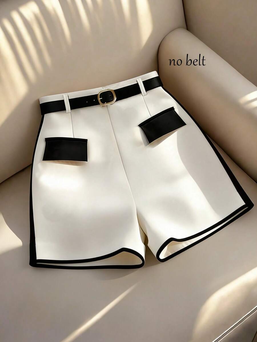 Franclia Quần short nữ thanh lịch, quần short cạp cao, quần short phối đen trắng đa năng, quần short ống rộng màu mơ và đen với thiết kế tương phản, phù hợp với trang phục đi làm thường ngày của nữ giới, trang phục thường nhật đa chức năng và phong cách, trang phục công sở cho giáo viên thành thị, quần short đi biển, quần dài/quần short trắng đen cho nữ mùa hè