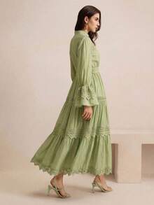 Anewsta Women's Solid Green Elegant Floral Trim Patchwork Flare Sleeve Dress, Soft & Romantic, Entire Piece With Floral Trim Tape, Highlighting Structural Division And Layering, Suitable For Spring/Summer, Beach, Holiday & Casual Wear - Green - View 2