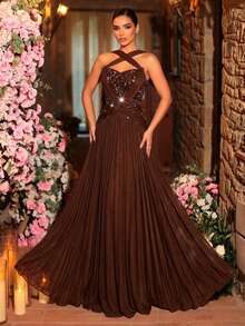 Glamrae Đầm maxi sang trọng, thanh lịch với họa tiết hoa ren đính cườm và sequin, chất liệu co giãn, xếp nếp, thích hợp cho đám cưới, tiệc tùng, kỳ nghỉ, dạ hội và các dịp trang trọng. - Cà phê nâu - Xem 4