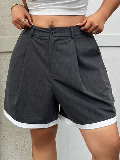 Dazy Plus Plus Size Women Casual Patchwork Contrast Color Trim Straight Leg Capri Shorts, Suitable For Summer Commuting