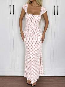 Vestido elegante de mujer con lunares y malla con bajo de cola de pez, para primavera/verano - Blanco - Ver 3