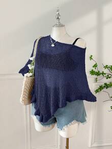 Comfortcana Suéter casual de mujer de talla grande con bajo asimétrico, versátil para uso diario - Azul Marino - Ver 5