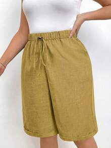EMERY ROSE Plus Size Women Solid Color Drawstring Waist Pocket Casual Versatile Daily Shorts - Yellow - View 3