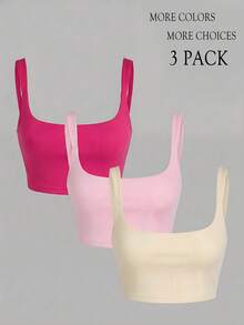 SHEIN EZwear 3件套女士休闲简约纯色方领露脐背心，适合夏季日常通勤 - 彩色 - 查看 4