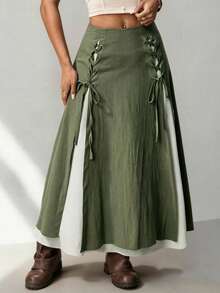 ROMWE Fairycore Mint Green Casual Skirt For Women ,Petite Women - Dark Green - View 1