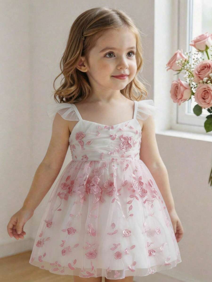 Souflis Summer Toddler Girls 4-7 Years Old 3D Flower One-Shoulder Strap Dress, Kids Pink Gradient Tulle Cake Dress, Foreign Trade Children's Clothing - Pink - View 1