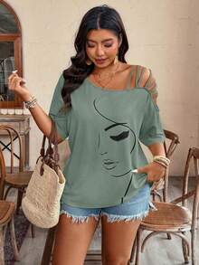 EMERY ROSE Plus Size Asymmetric Strap Portrait Print Short Sleeve T-Shirt - Multicolor - View 3