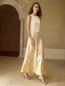 MOTF PREMIUM WOMEN'S SLEEVELESS CONTRAST FLORAL PRINT DRESS, AUTUMN/WINTER - Yellow - View 7