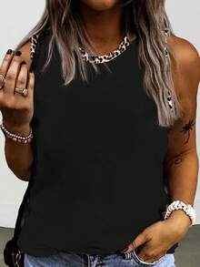 Selamara New Arrival Plus Size Women Casual Versatile Contrast Color Leopard Print Collar Round Neck Vest - Black - View 3