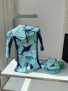 SHEIN 2件套男童可爱卡通印花撞色长袖防晒泳衣及泳帽套装，适合海滩、泳池、春夏穿着 - 綠色 - 查看 4