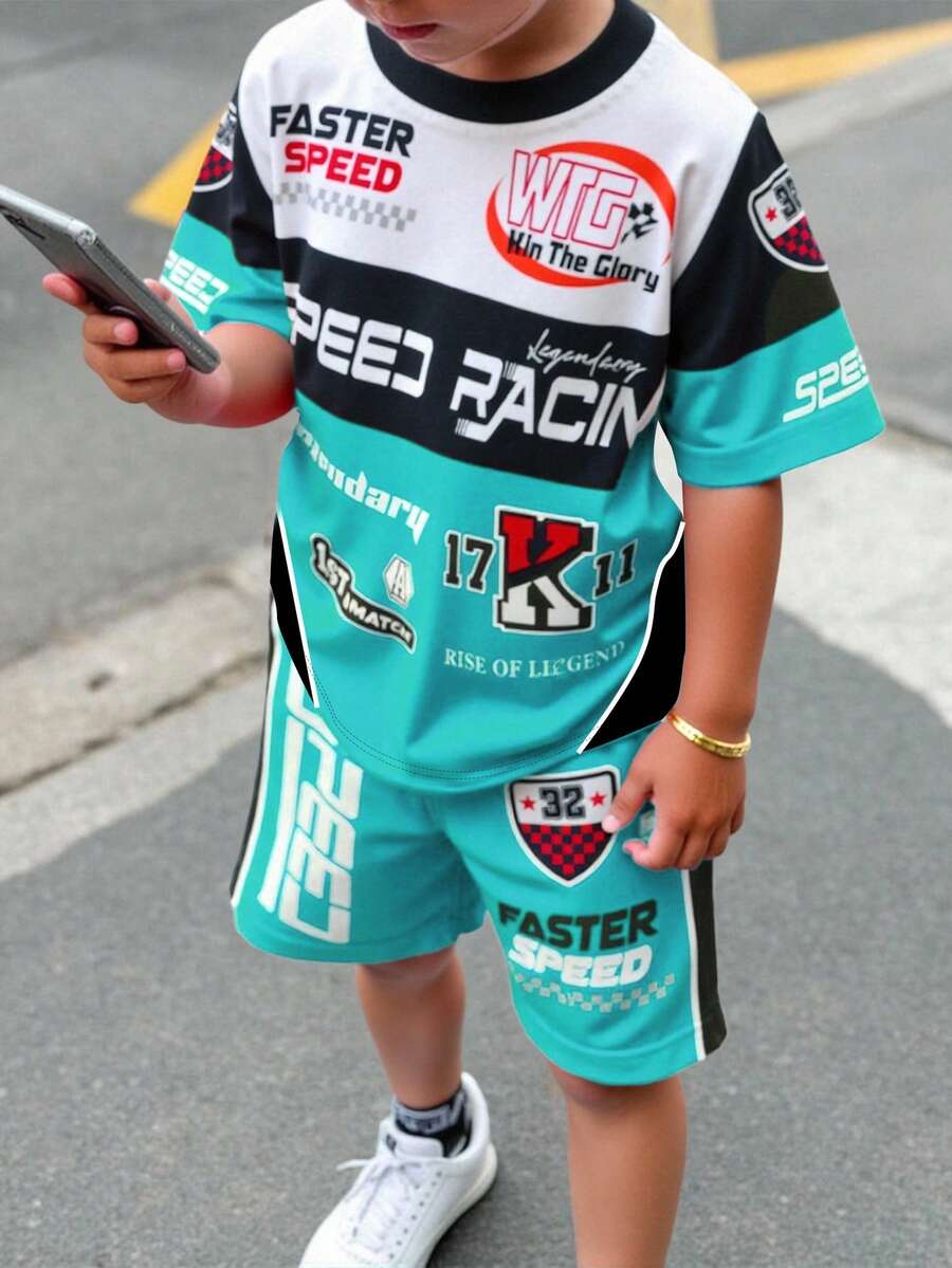 Bộ 2 món cho bé trai tuổi teen, kiểu dáng thể thao cổ điển, in hình xe đua, gồm áo thun ngắn tay cổ tròn và quần short, thích hợp cho mùa hè, các sự kiện đua xe, hoạt động thể thao và giải trí. - Nhiều màu - Xem 1