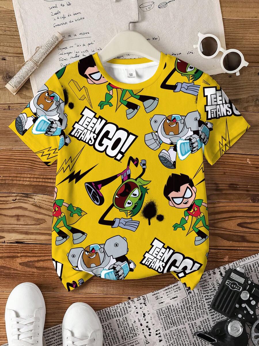 Teen Titans Go X SHEIN Tween Boy Cartoon Print Round Neck Short Sleeve Casual T-Shirt - White - View 1