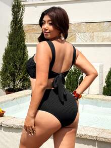 Swim Vcay Plus Size Women V-Neck Removable Strap Backless Metallic Fabric Swimwear Set With Ruched Triangle Bottoms, Vacation & Party Wear - Black - View 2