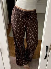 Teen Girl Polka Dot Drawstring Waist Casual Versatile Wide Leg Pants For Daily Wear - Brown - View 4