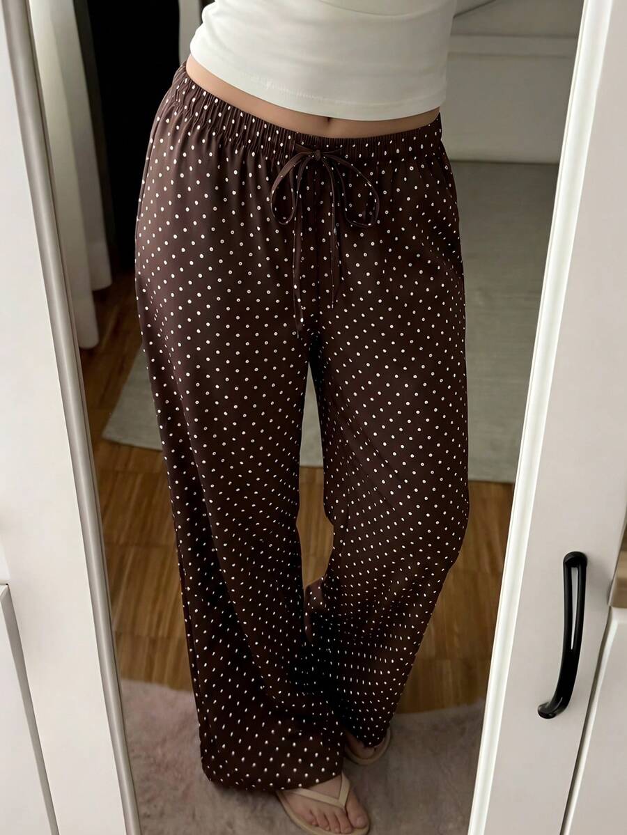 Teen Girl Polka Dot Drawstring Waist Casual Versatile Wide Leg Pants For Daily Wear - Brown - View 1