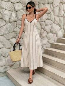 Serisse Đầm midi nữ kẻ sọc hở lưng buộc dây kiểu dáng thường ngày - Màu be - Xem 5