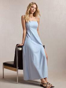 BizChic New Spring/Summer Linen Adjustable Spaghetti Strap A-Line Dress With Side Slit, Elegant For Commuting, Blue - Multicolor - View 7