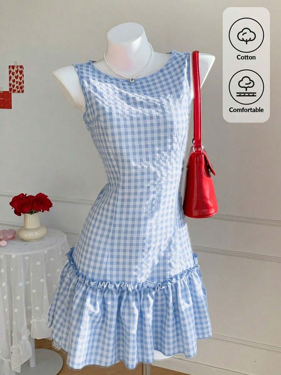 Comfortcana Đầm nữ bằng vải crepe cotton kẻ caro không tay, viền bèo nhún, kiểu dáng thanh lịch, dễ thương. - Màu xanh nhạt - Xem 1