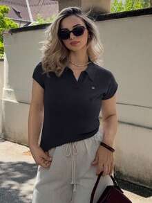 Jeta Ari Women's Solid Fitted Knit Polo Collar Blouse, Commute Casual Spring/Summer - Navy Blue - View 6
